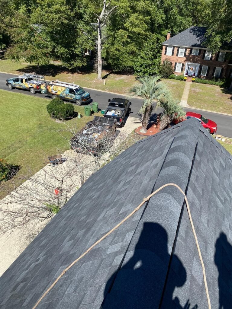 Completed architectural shingle roof with Palmetto Roofing vehicles parked on the street below