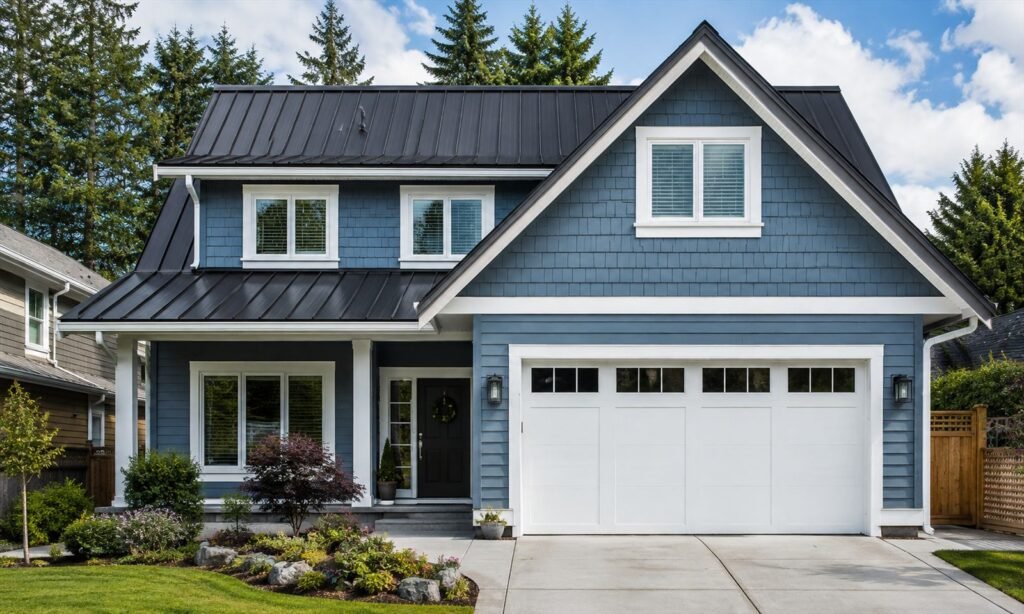 Matte black standing seam metal roof on a two-story shingle-sided home