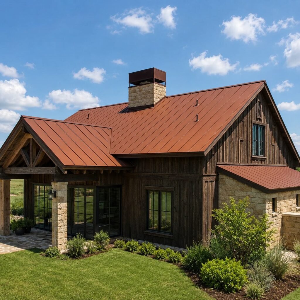 Copper-toned standing seam metal roof on a timber-frame and stone home